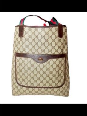 Gucci Beige Monogram Tote with Brown Trim and Green/Red Web Handles